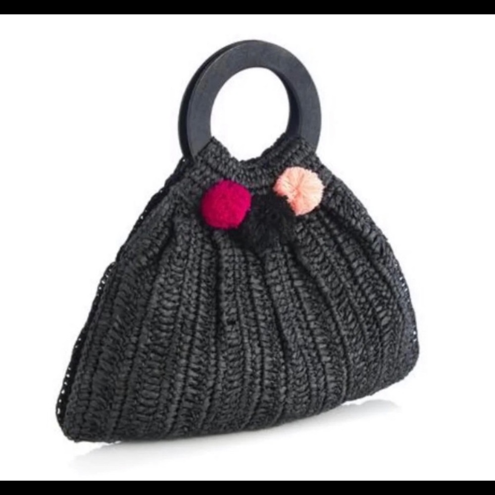 Shiraleah Chicago Black Straw Tote w/ wood handle